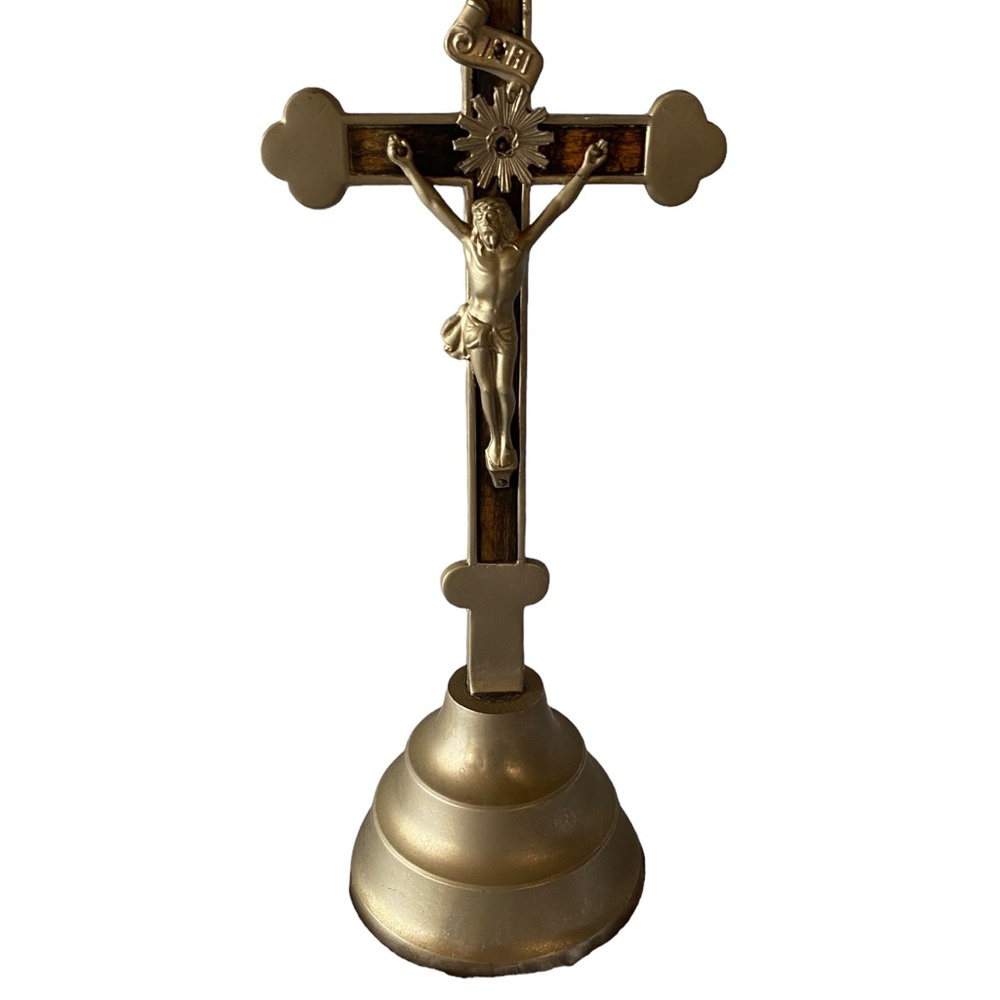 Vintage Religious Metal and Wood Jesus on the Cross Made in Germany